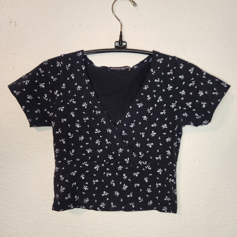 Brandy Melville Black Floral Crop Wrap Top, Size XS/S